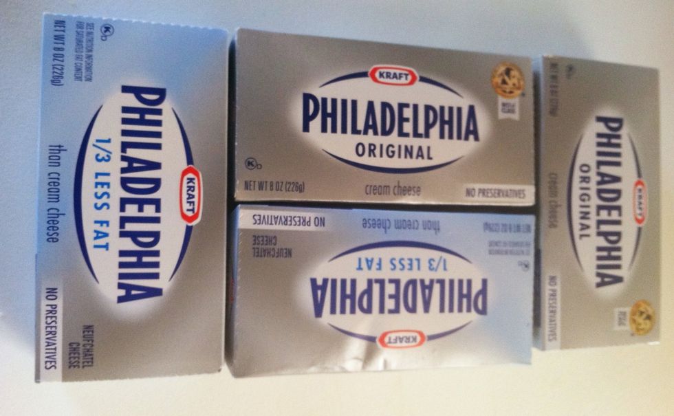 4 packs of cream cheese at room temperature. (8 ounces per pack.) Place cream cheese in mixing bowl.