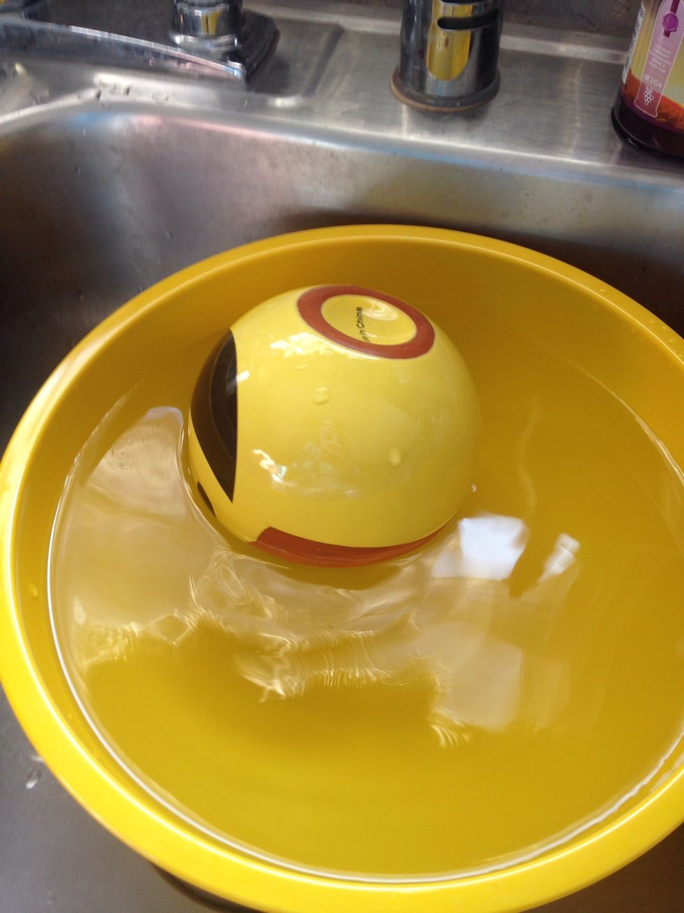 4: put the chia pet in the bowl of water and let it soak for 30 minutes