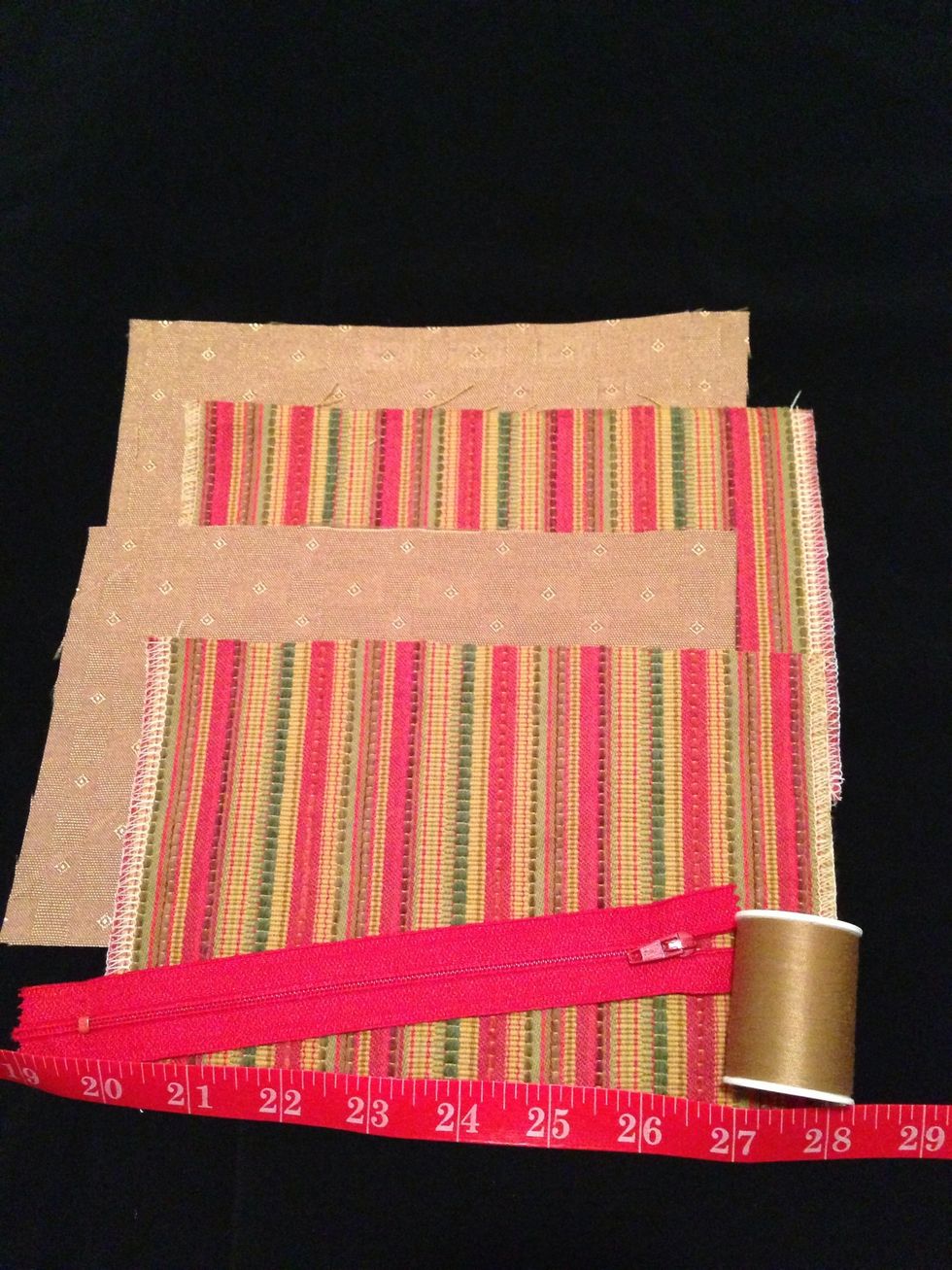 4 swatches at 8.5" x 6" each (2 stripes for outer & 2 solid for lining).  Matching 7" zipper & thread.