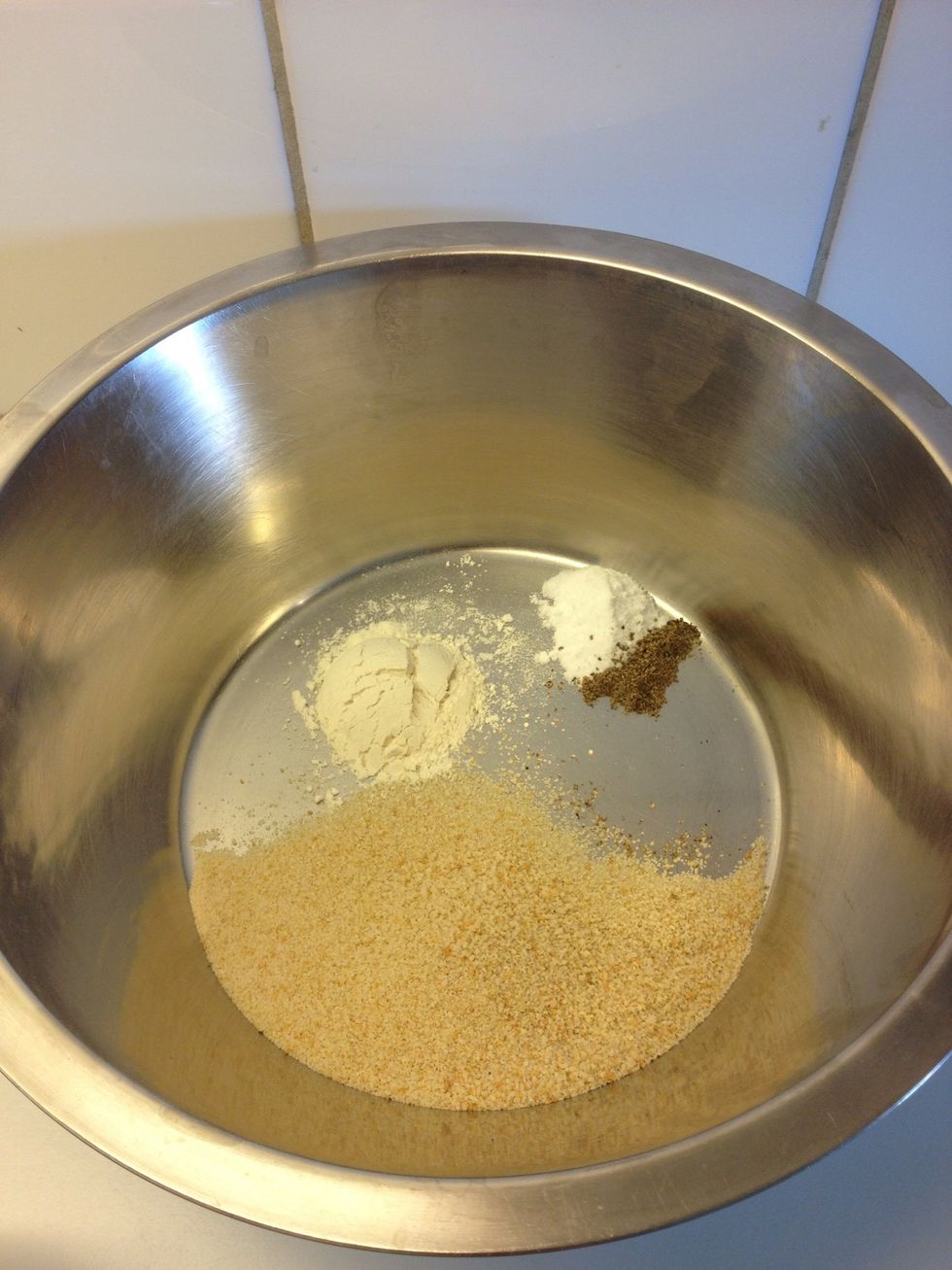 4 Tblsp Breadcrumbs, 1 Tblsp flour, 1 tsp salt and 1/2 tsp pepper.