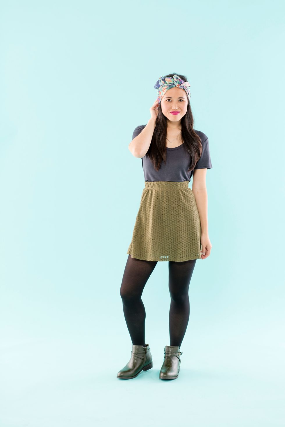 4. THE BRUNCH UNIFORM: Pair the U-Neck tee with a flirty skirt, tights and booties in a classic autumn color palette.
