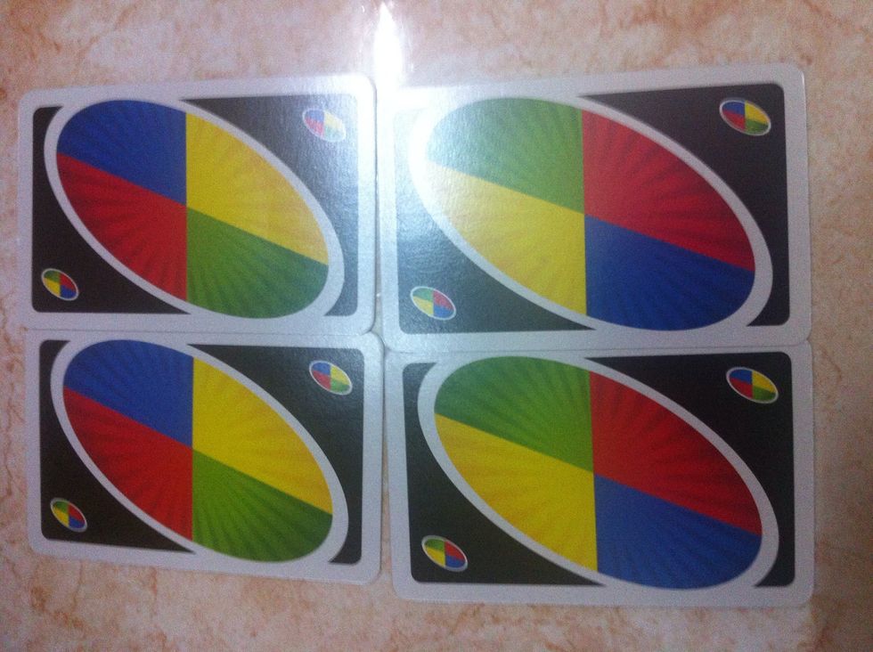 4 wild cards: When you play this card, you may change the color being played to any color (including the current color) to continue play.