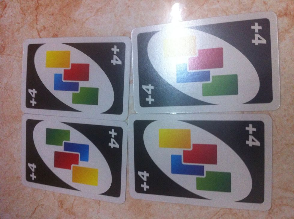 4 wild draw 4 cards: This card allow you to call the next color play and requires the next player to pick 4 cards from the draw pile and forfeit his/her turn.