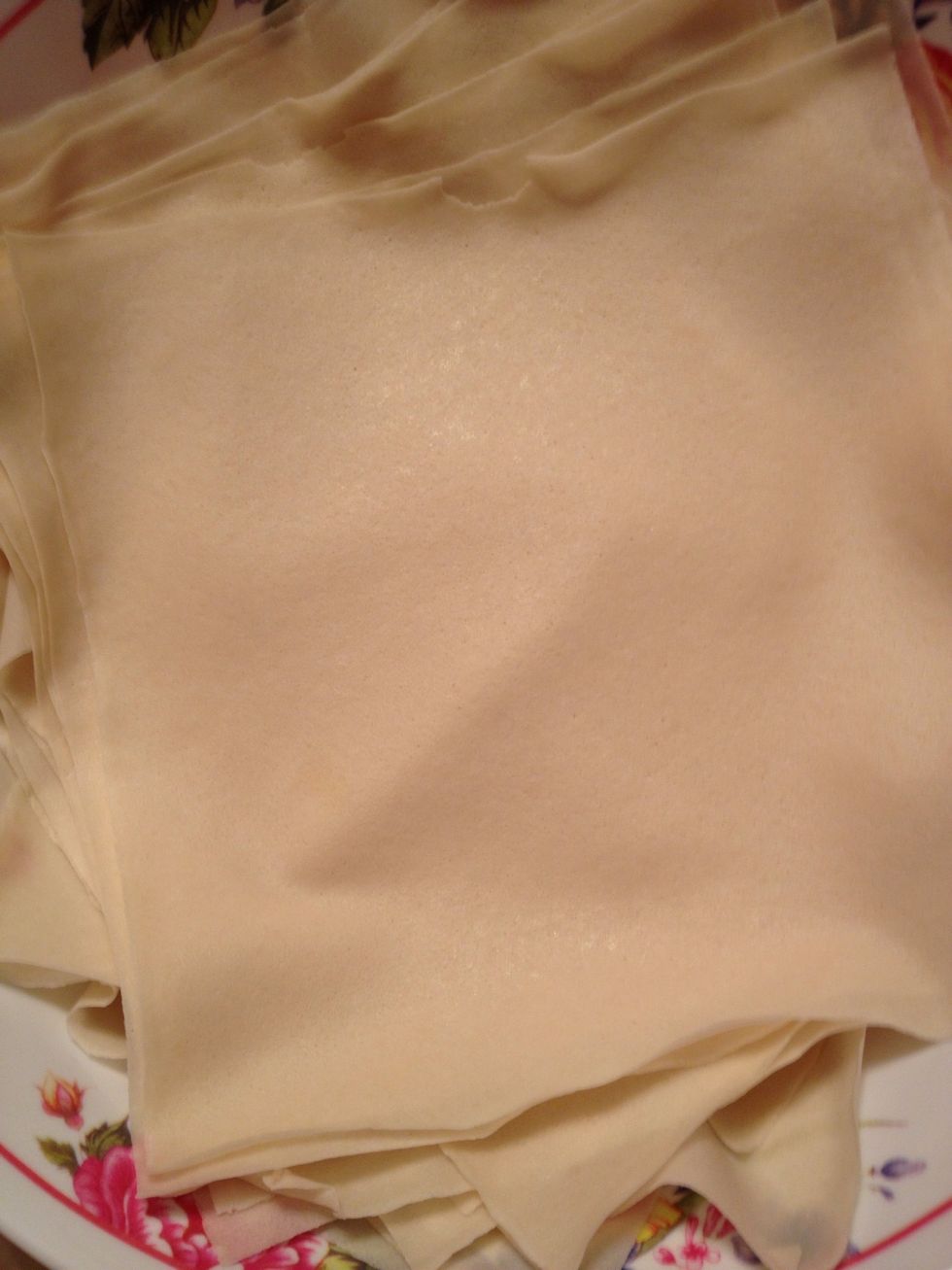 40 peeled egg roll wraps. Make sure to not peel it too early or else the corners will start to dry up... that won't be good. I like to do this after all the ingredients are done.