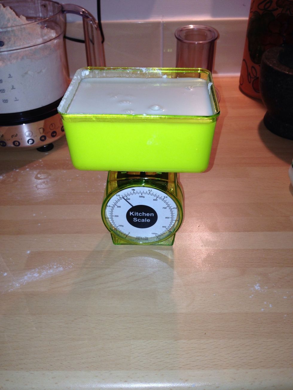 400ml milk They are useful scales though, as they've got a ml measurement on there too. Got to \u2764 the little things!