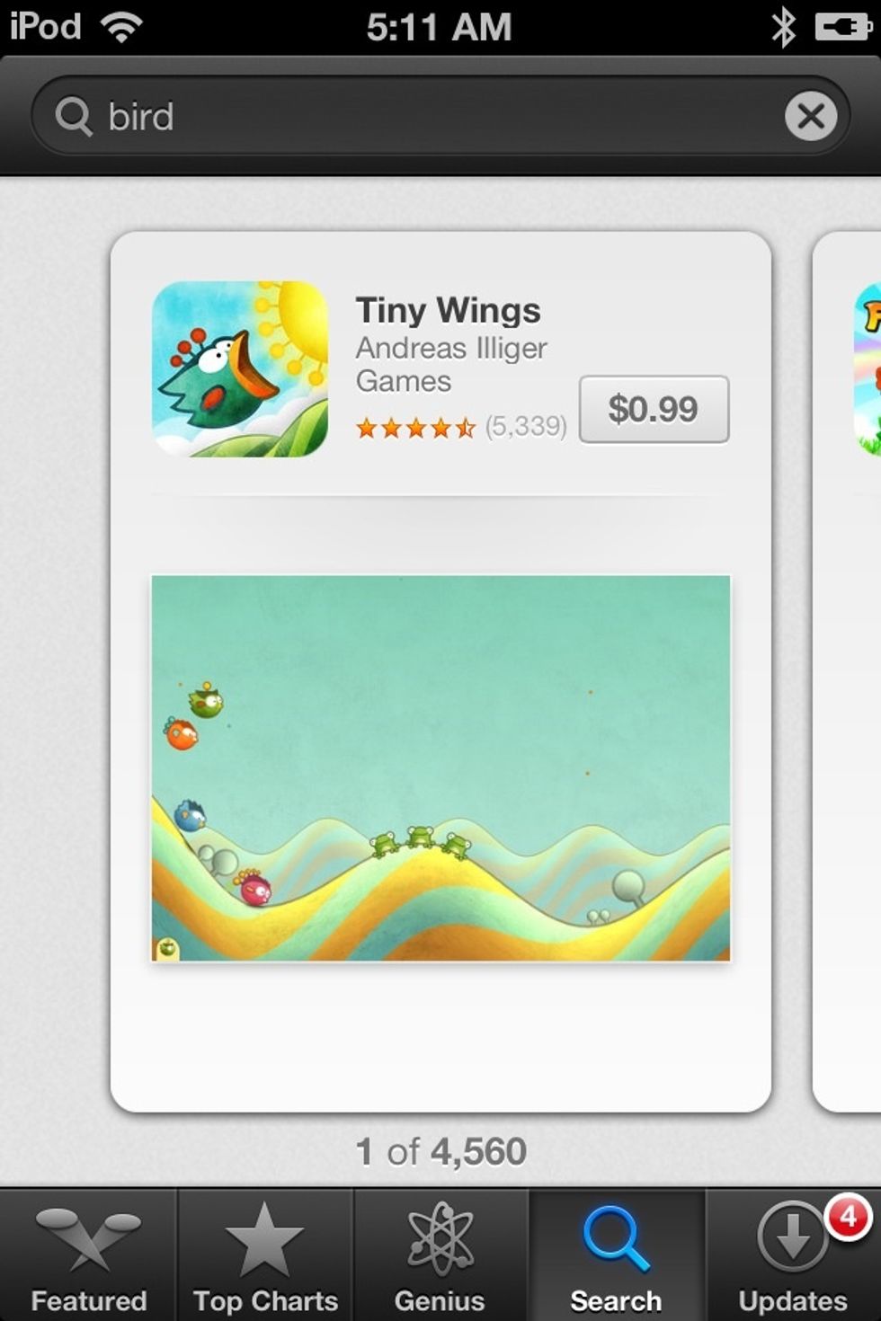 4,650 MATCHES! The first result is a game called TINY WINGS.