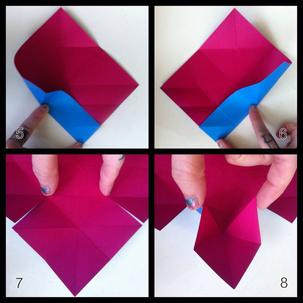 5&6=crease in between my thumb n finger as shown; the creases will make an 'x' as seen in step7. 7=cut to where my thumb n finger are as shown. 8=pinch tips together; starting squash fold.