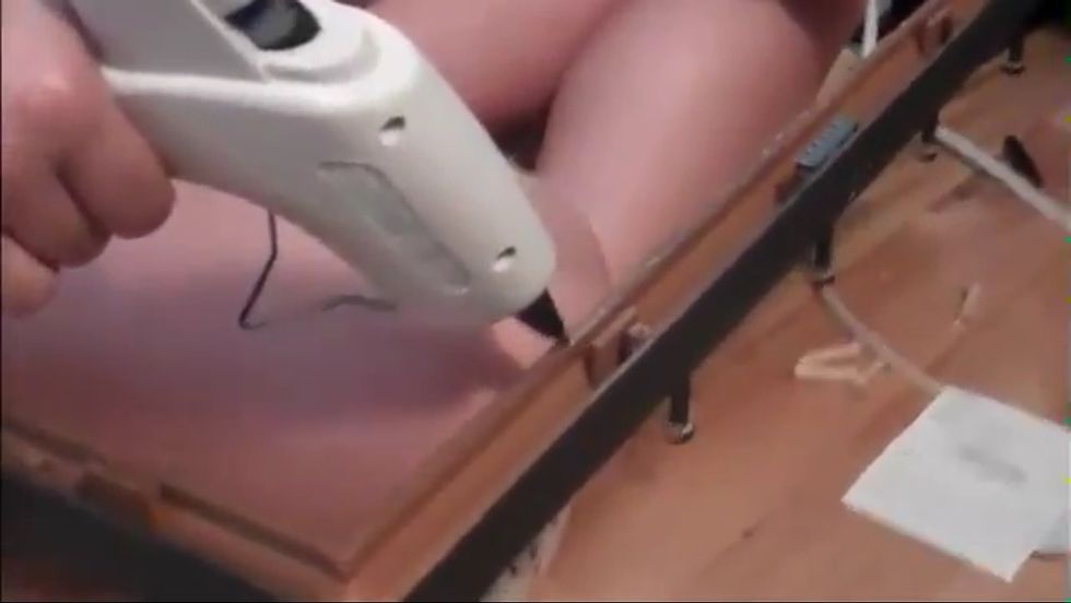 5) apply hot glue. Make sure to do this as fast as possible as it dries fast! Put mesh on top and do another layer of hot glue to ensure its on tight. Let it dry and you're done!