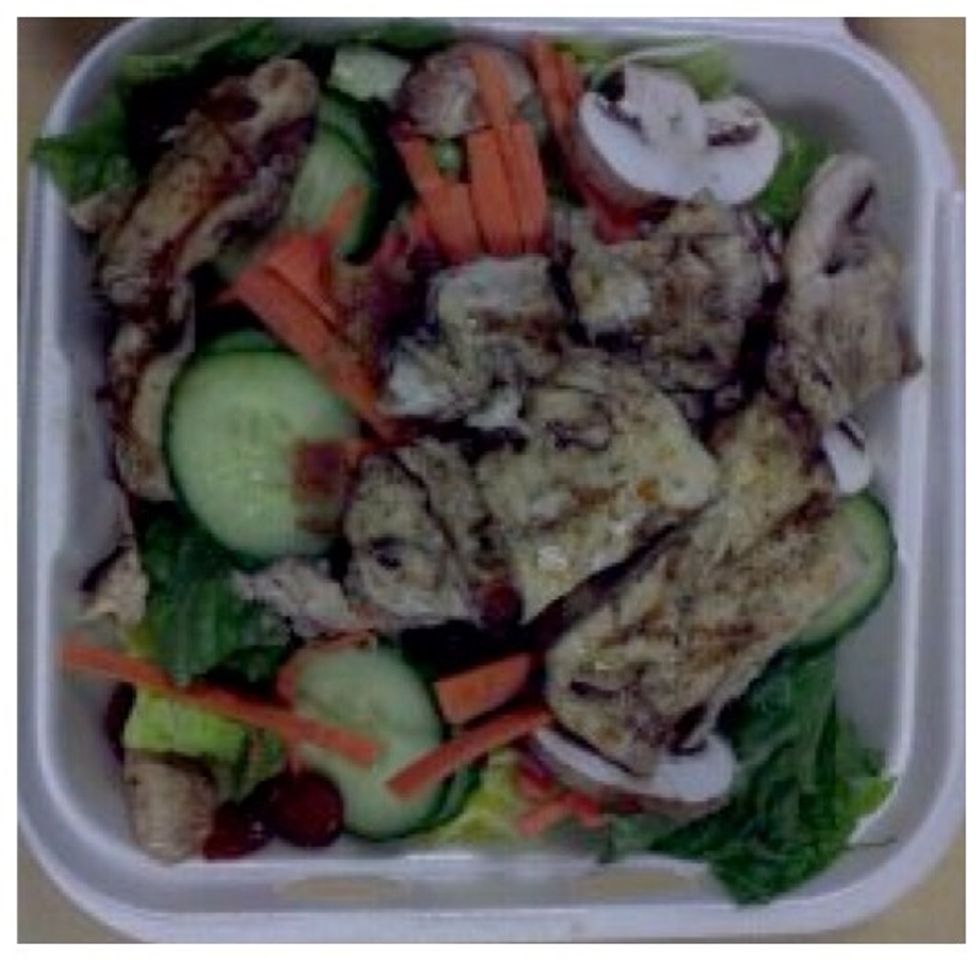 5. Chop up 1 head of romain lettuce and 2 large cucumbers. 6. Combine with 6 cups of spinach leaves. 7. Add the saut\u00e9ed vegetables. 8. Add the chopped up chicken and bacon.8. Toss well in large bowl