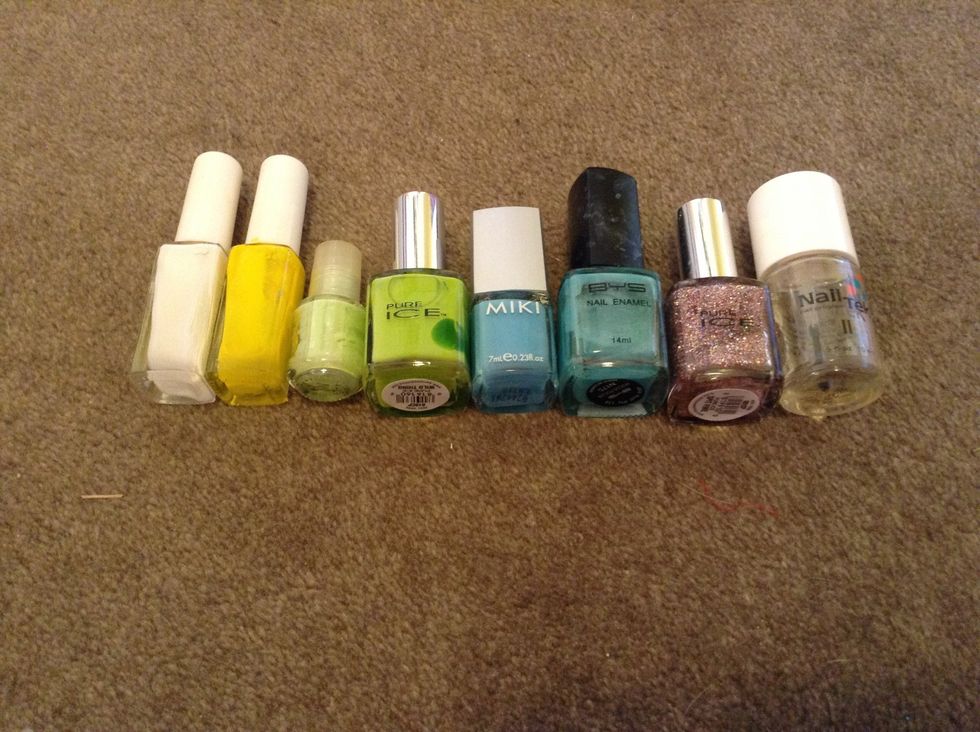 5. For Spring, I chose some light colours like white, yellow, light green, light blue and clear. If I had a light purple I would put it in there, but I only have a glitter type.