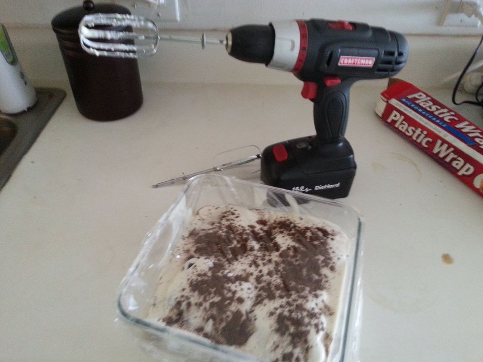 5. In 8x8 dish, layer bottom w/lady fingers. Pour brandy on top. Let stand until absorbed. Spread cream cheese over. 6. Continue layering 7. Sprinkle coco powder on top. Cover and refrigerate 4 hours.