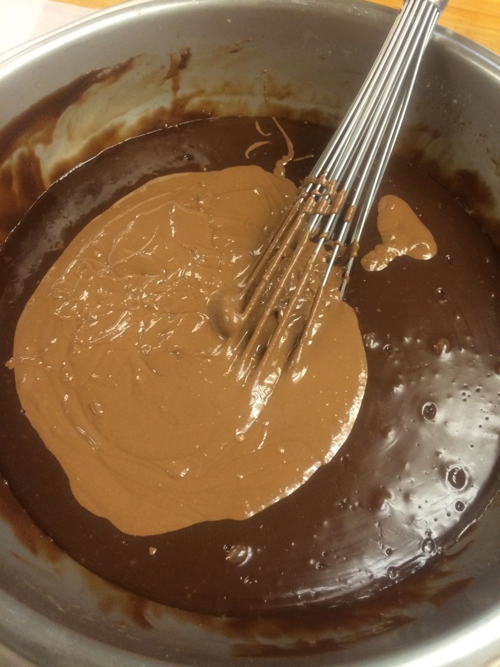 5 lbs of pur\u00e9ed pb cups add to the milk chocolate ganache. Whisked together and smooth.
