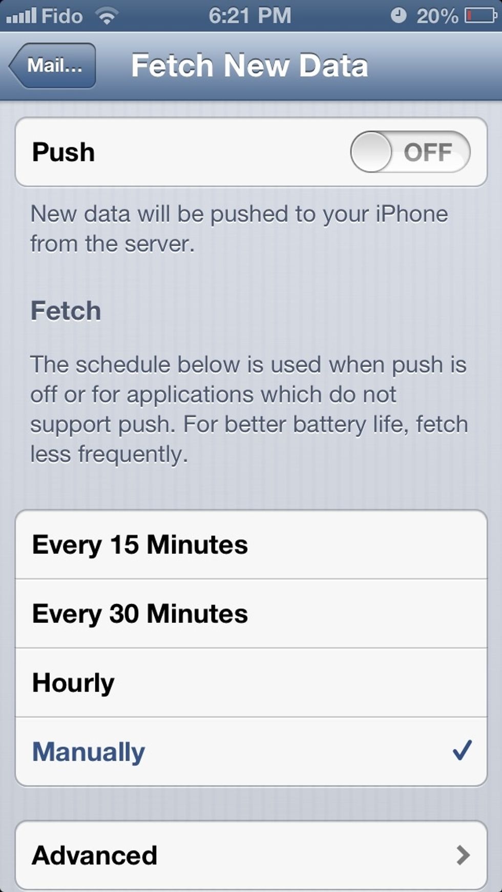 5) LIMIT EMAIL FETCHING Settings > Mail, Contacts, Calendars > Fetch New Data, and turning off "Push." At the bottom of this page, you can also set how often your Email should be fetched from non-push