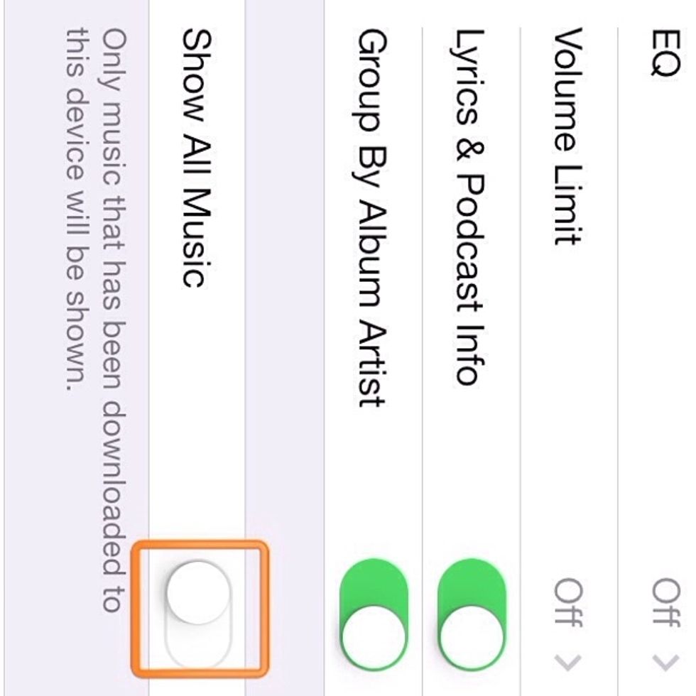 5) Now once you find the \u201cShow All Music\u201c button, go ahead and turn it off and your problem is solved! Yay! Now only your downloaded music will show!