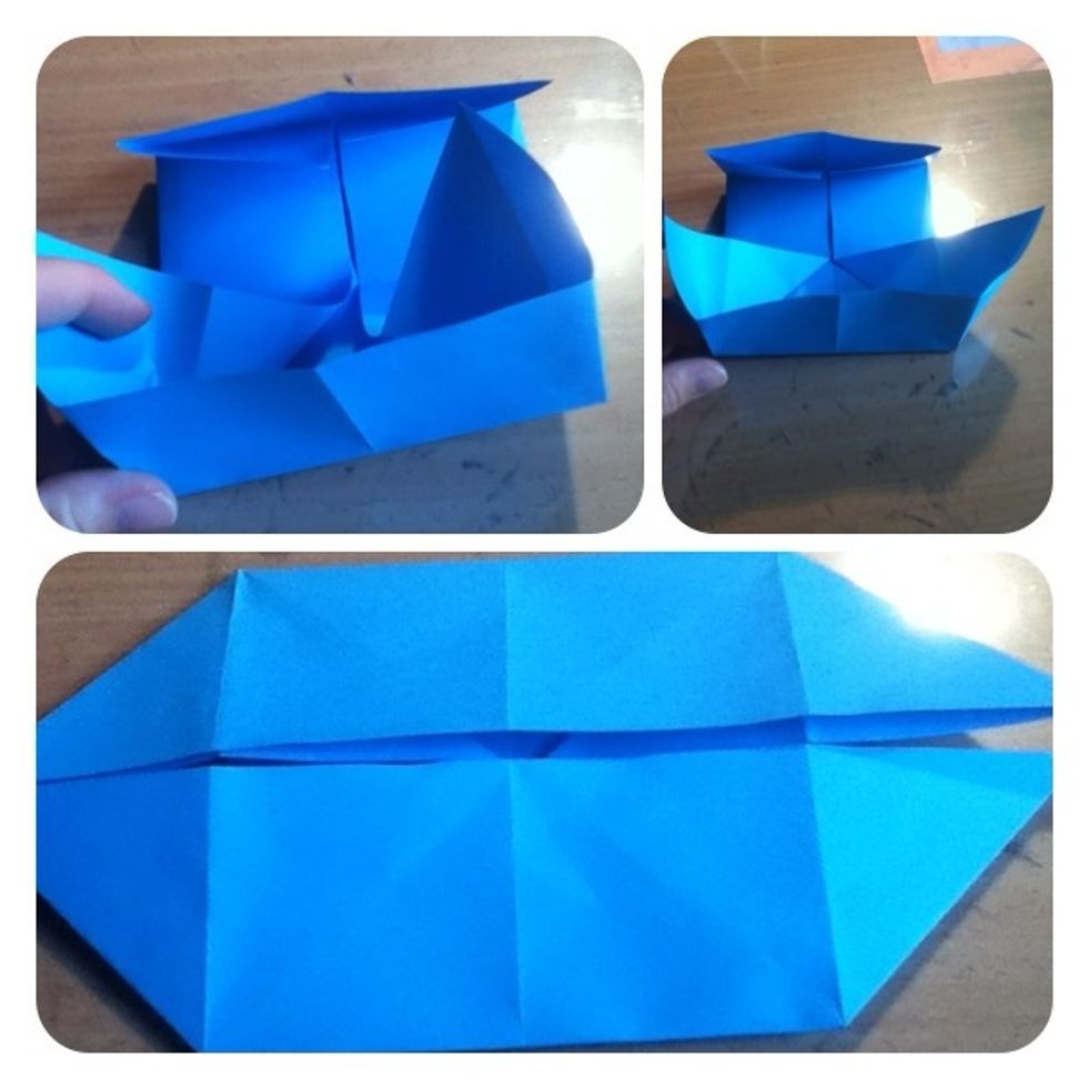 5. Open up the bottom two panels and press them out to look like a boat. 6. Repeat on the other side