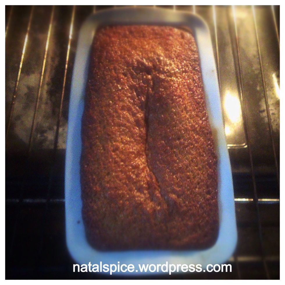 5. Pour the mixture into a loaf tin, and place into the preheated oven at 170C for 1 hour, or till a skewer comes out clean and the loaf has a golden colour.