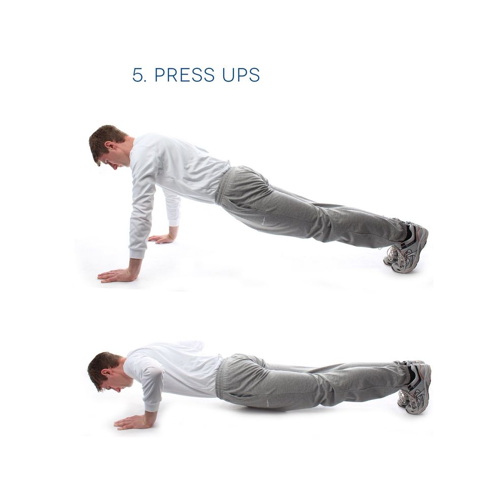 5. Press Ups - Let's work out the chest and arms. Start in a high plank position. Keep a straight line through your lower body. Lower yourself and push back up. Do 12 of these.