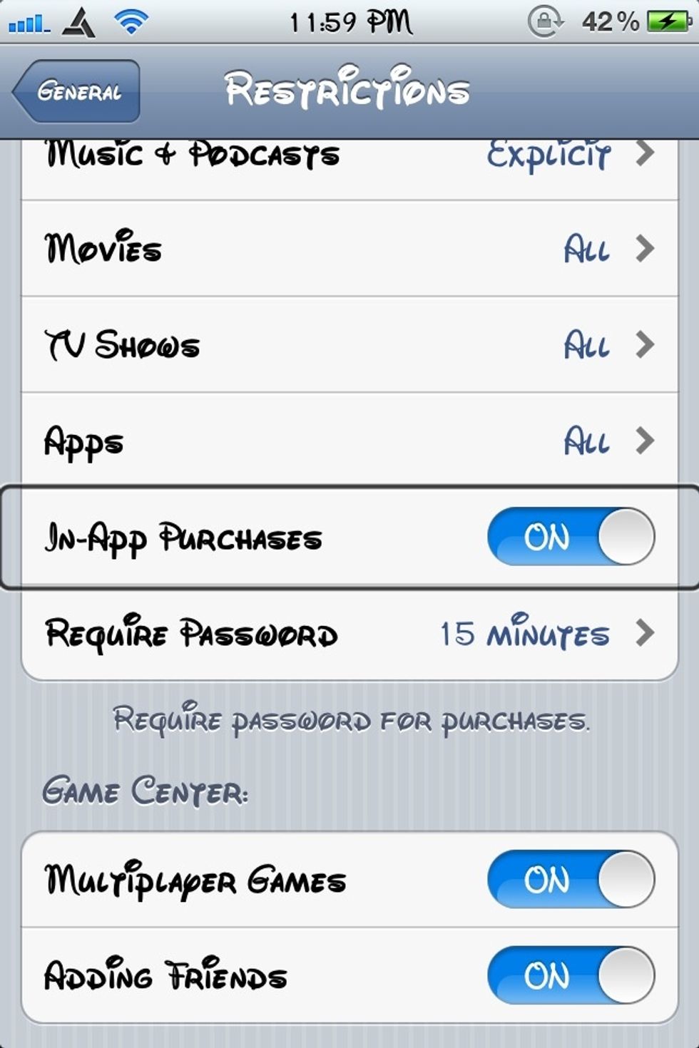 5) scroll down until you find in-app purchases. Turn it off and you're done