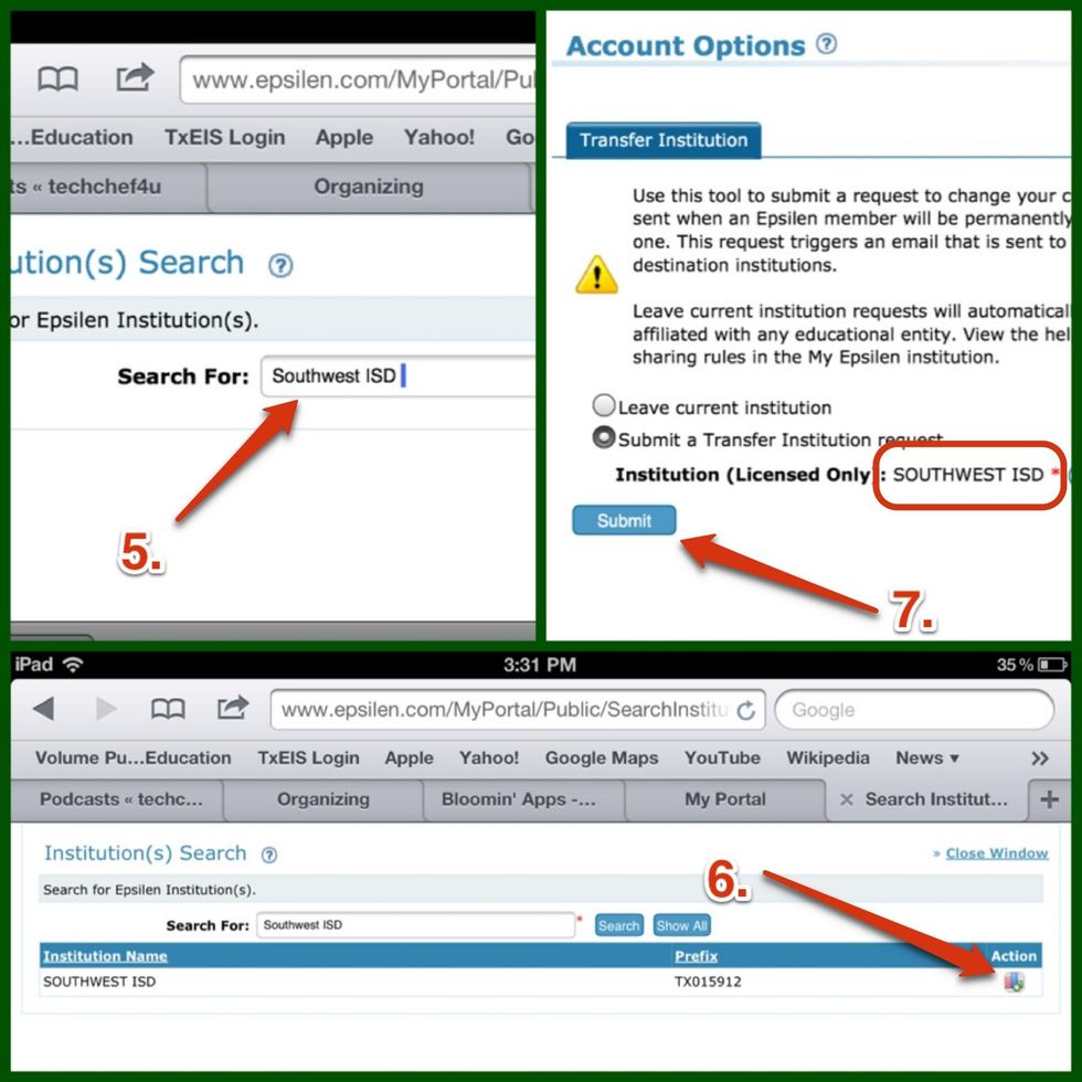 (5) Search for " Southwest ISD". (6) Click the action button. (7) Click submit.