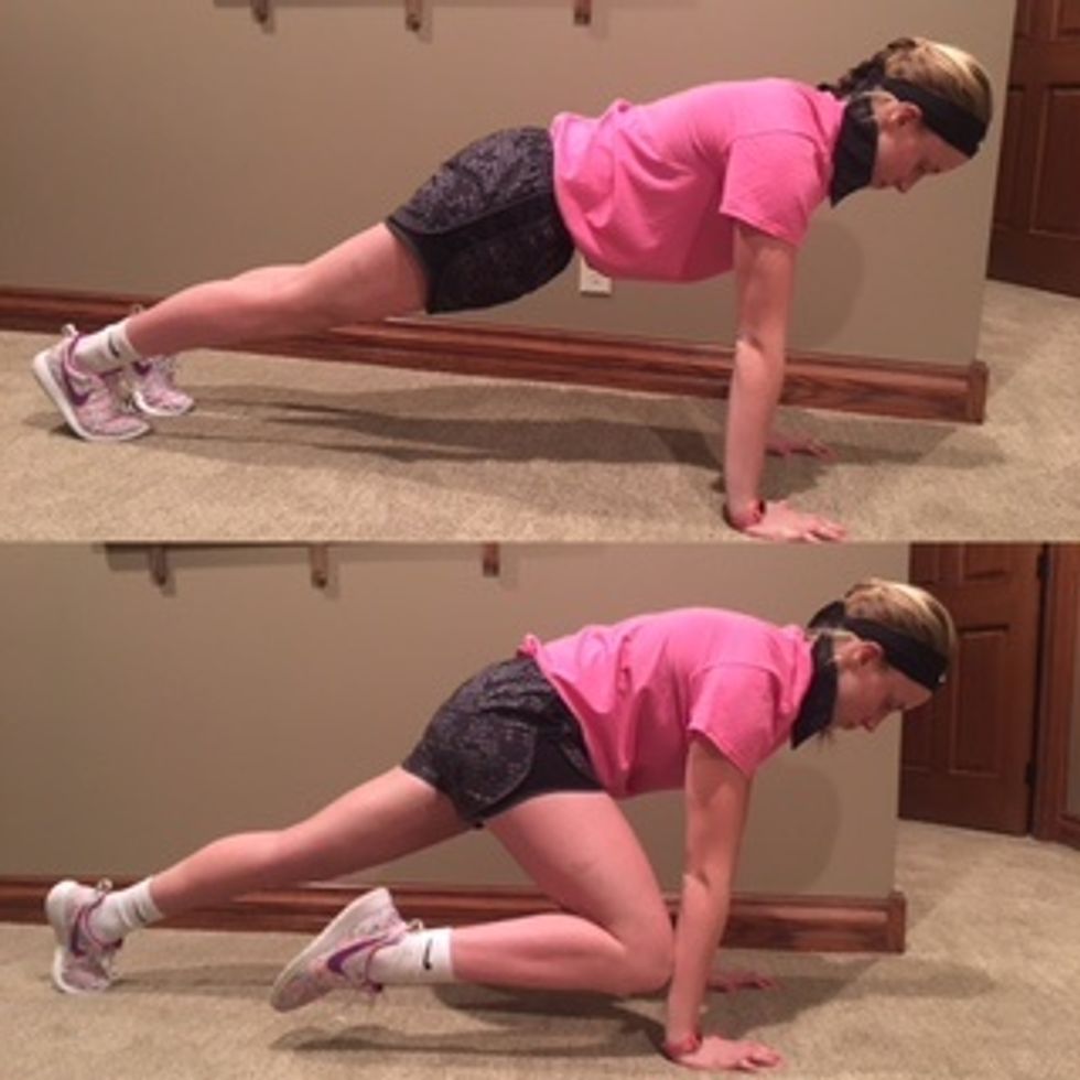 5. Slow-Mo Mountain Climbers- Start in plank position with backside in-line. Slowly pull right knee to right arm. Return to starting position. Repeat on the left side. Do 15 reps each side.