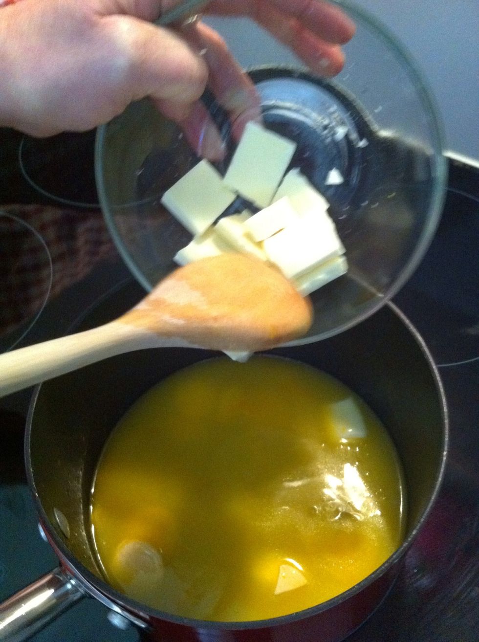 6. Now add the white chocolate and stir until the chocolate has melted