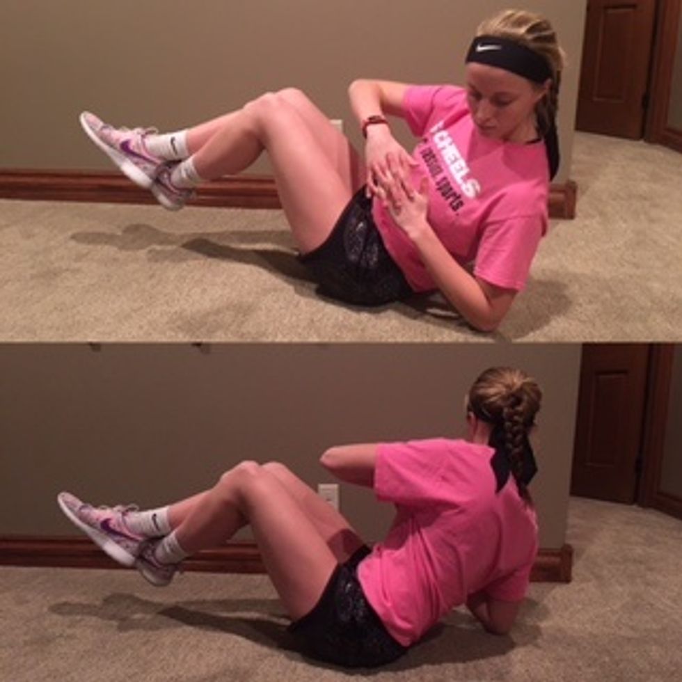 6. Russian Twists- Sit on the ground lifting your upper body and knees to create a V-shape. Twist side to side. Be sure your elbows touch the ground for maximum results. Do 15 reps each side.