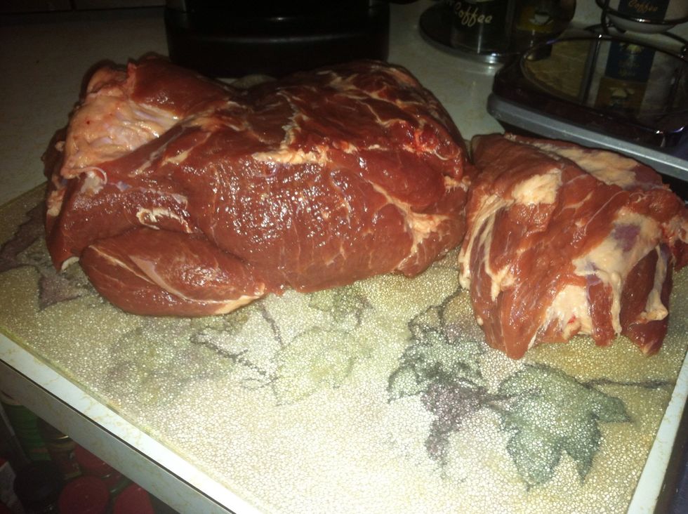6lbs of Pork Shoulder, divide into 3-4 chunks, can use less depending how many your feeding but also wanted leftovers.
