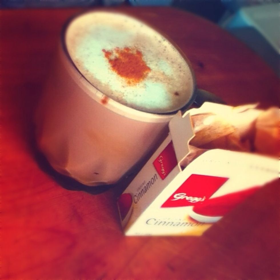 7. And here we go! Pour the froth on top and sprinkle chocolate powder or grated chocolate on or as you can see, I used cinnamon, Or you can use both, your call!