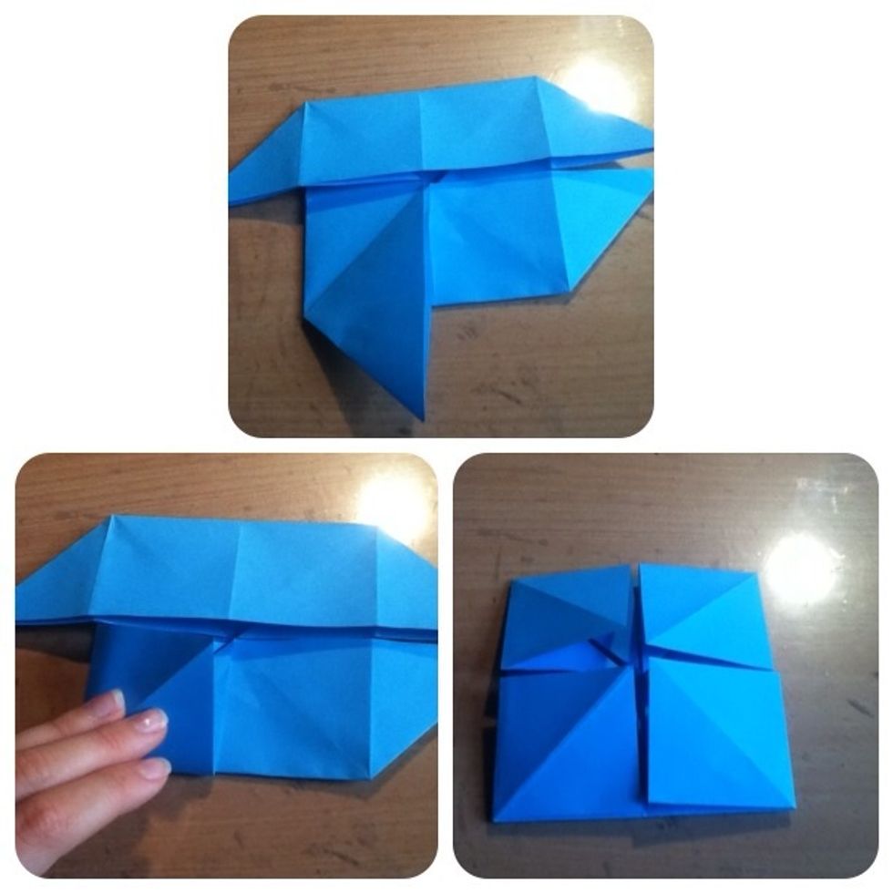 7. Fold one side down 8. Press it up so it opens and forms a triangle 9. Repeat on all sides