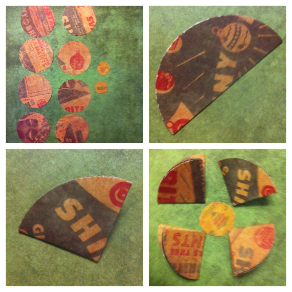 8 circles. I used same size/style. Also 2 penny-size circles. Fold each in 1/2 & then fold each in 1/2 once more. Now glue 4 to small circle. Repeat w/ other 4. Glue gun is best; glue stick ok.