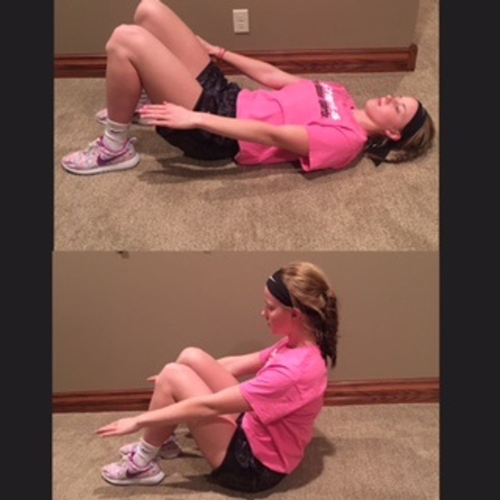 8. Core Ups- Lie on the ground with your knees bent and arms parallel. Slowly sit up while tightening the core, forming a V-shape. Hold for 3 seconds. Lower back down and repeat. Do 15 reps.