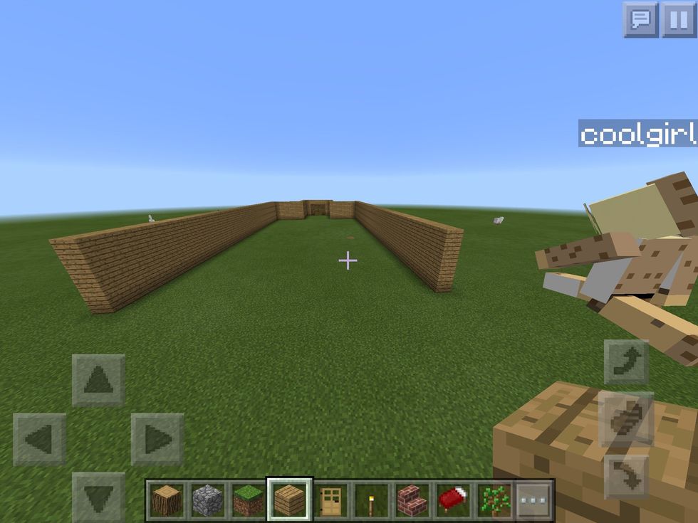 8. Fill in the gap between them up by 4 blocks the go backwards by 35 on both sides then bring it up by 4 blocks on both sides which would look like this