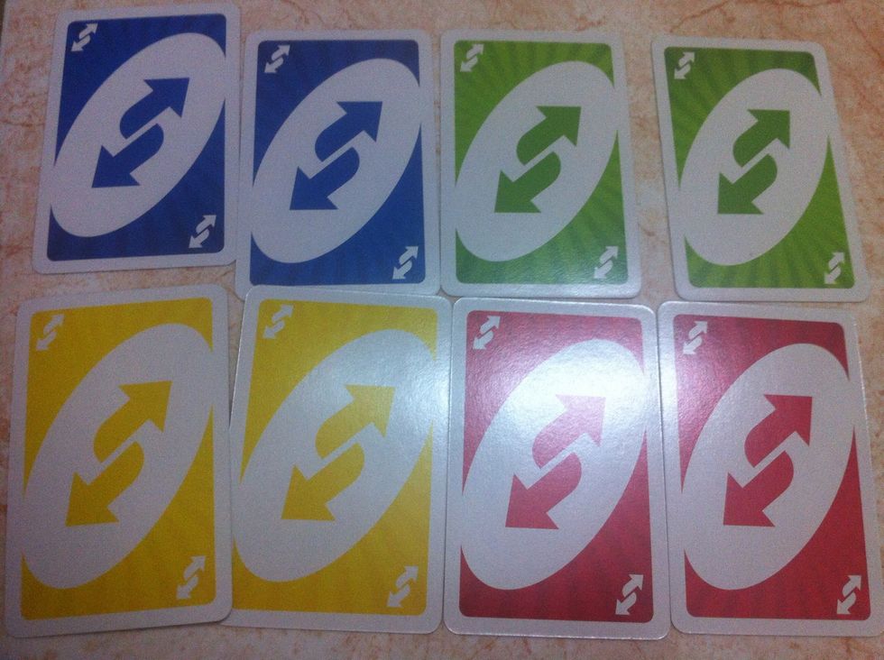 8 reverse cards: This card reverse direction of play. Play to left now passes to the right.