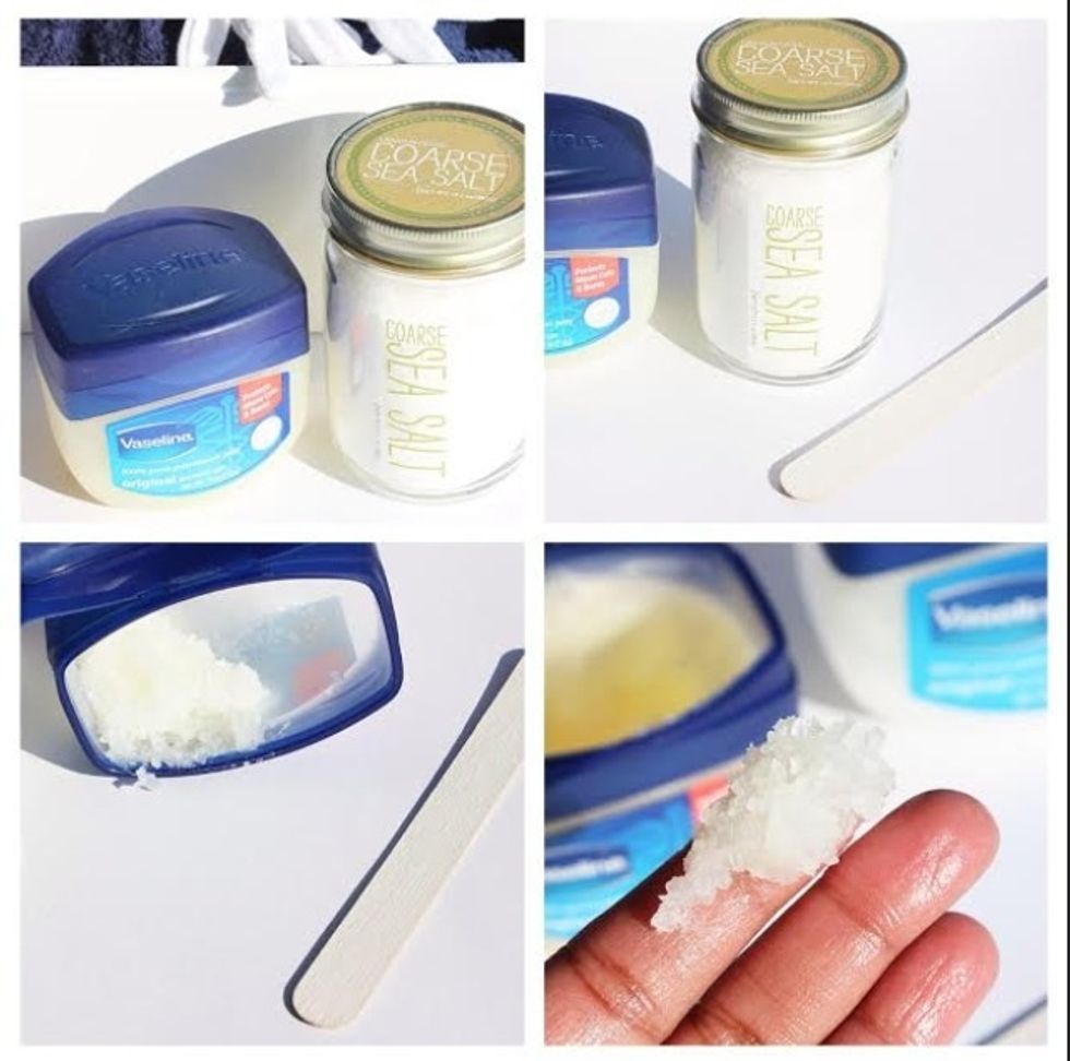 8: To make a salt scrub, Put 2 Tablespoon of Vaseline and  1 Tablespoon of Salt, here u go.