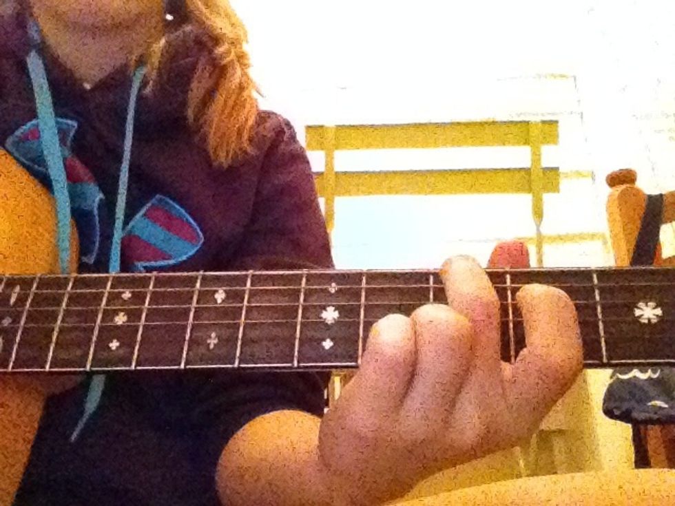 8.) To play your first chord, place your middle finger on the 3rd fret E string.
