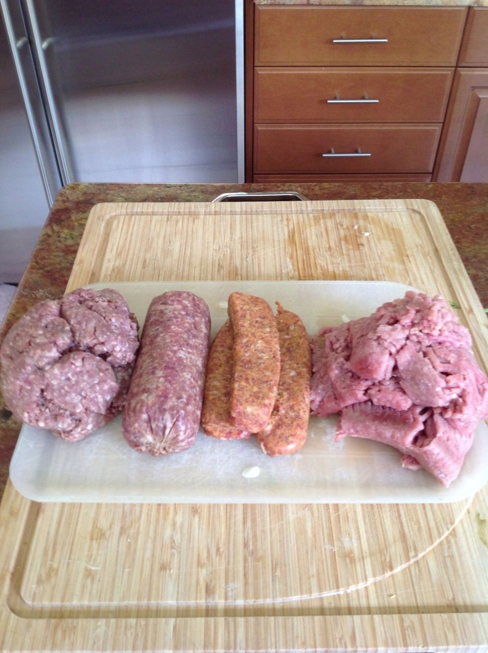80/20 beef, pork sausage, Italian sausage and turkey burger.