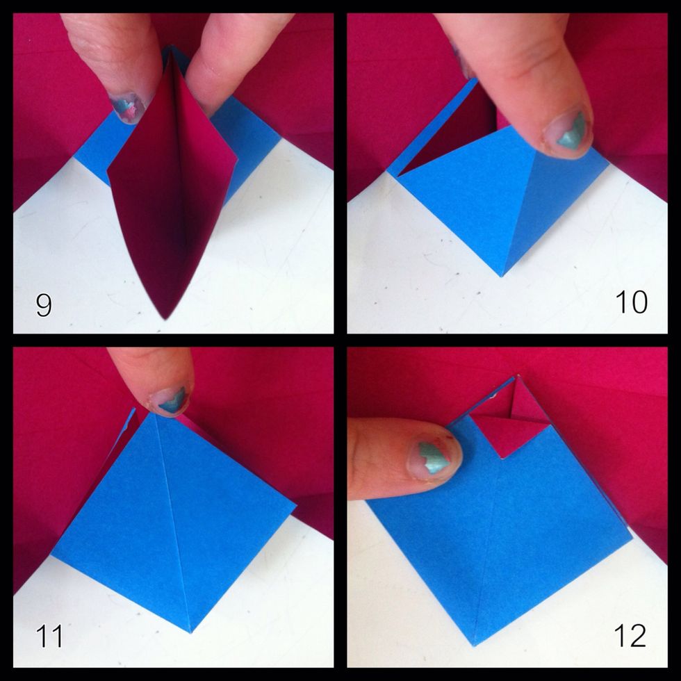 9=continue pinching till they touch. 10=take bottom tip to top. 11=squash flat; squash fold complete. 12=fold top tip down as shown.