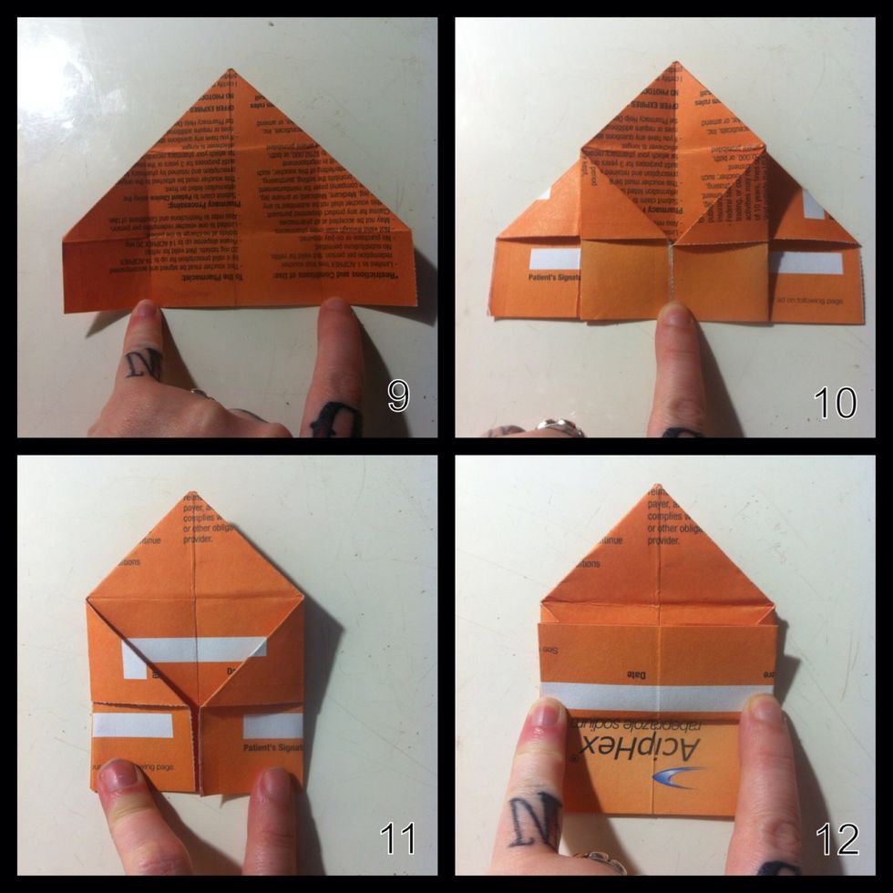 9.Like this. 10.Bring left n right sides to center; top layer only. Flip over & 11.Repeat on back. 12.Fold bottom edge up. Flip over &...
