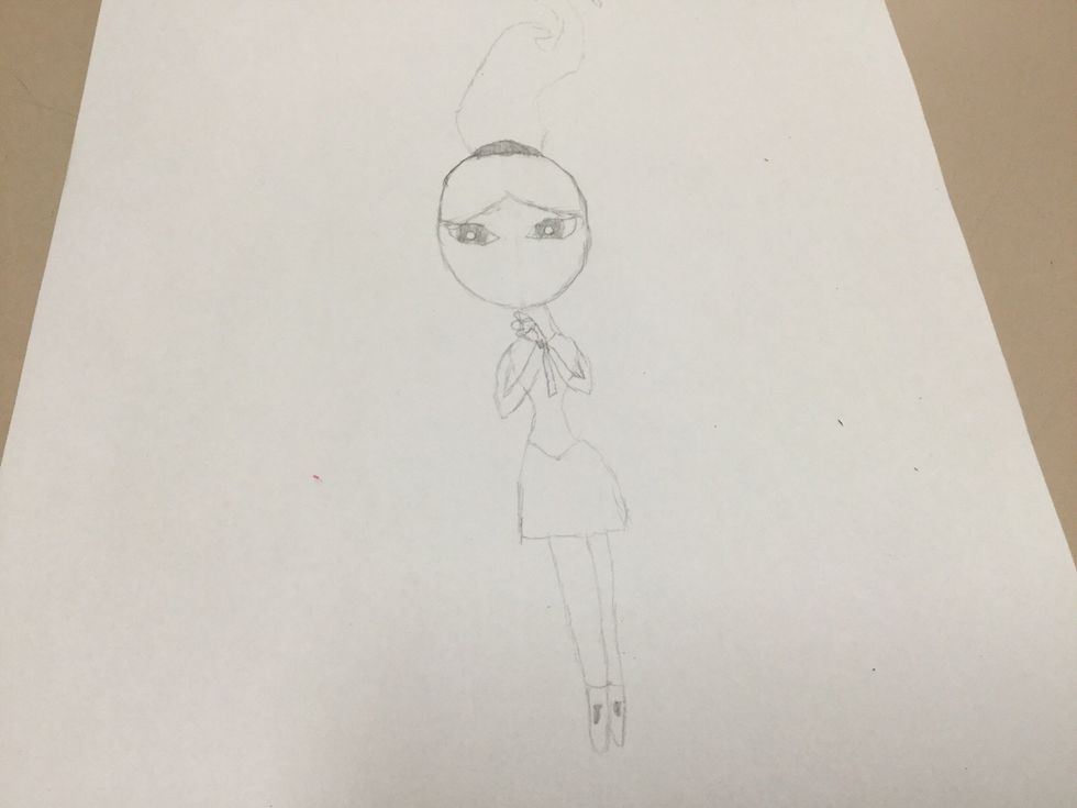 9. Now draw her arm and a little flower for her to hold