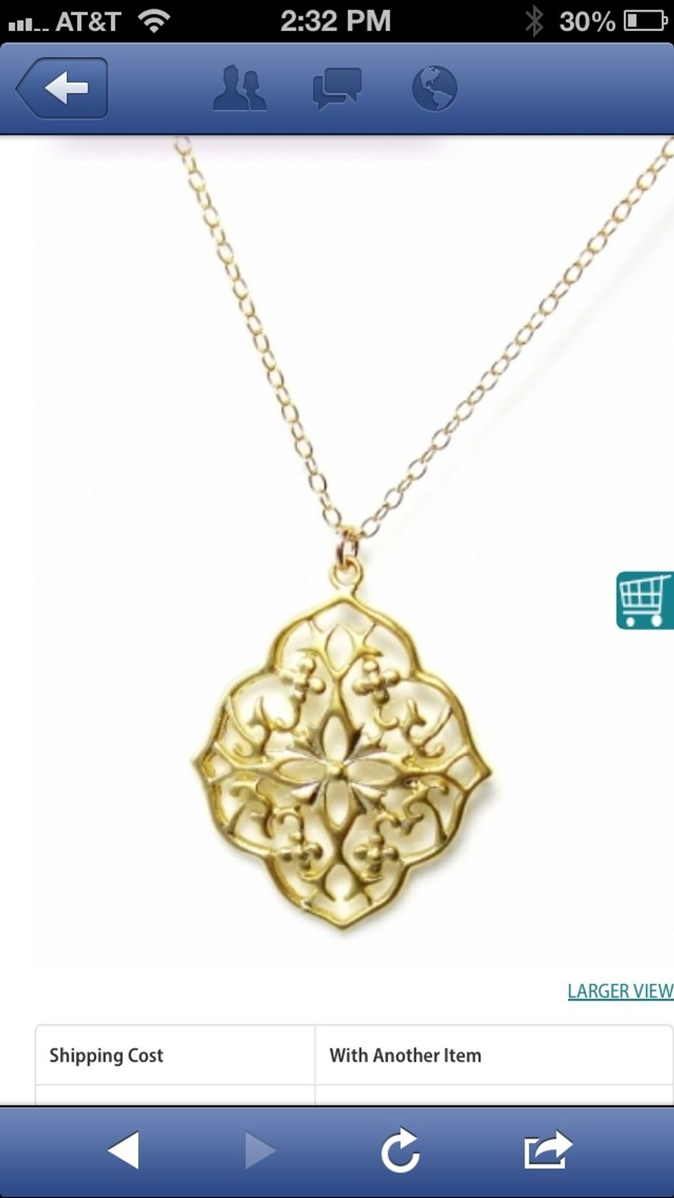 A beautiful detailed pendant in a Moroccan inspired shape, drops below a delicate chain. $46