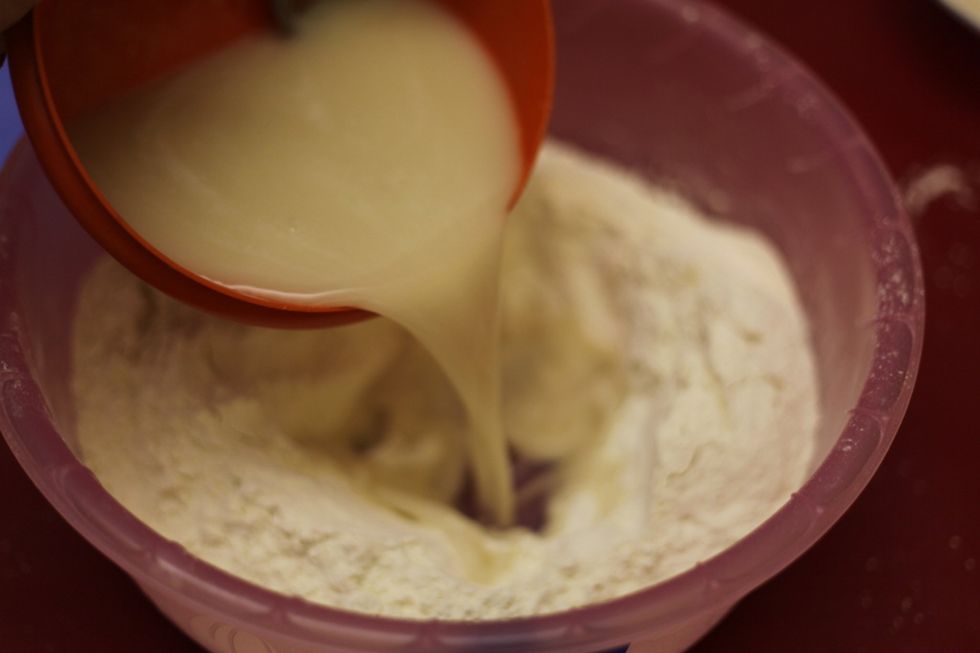 A bit at a time, add the warm water & yeast mix into the well and with your spoon bring flour into the centre.. You know I'm going to ask my favorite question: did you wash your hand? It's Play Time!