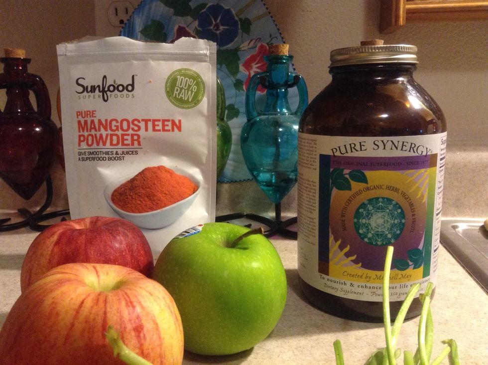 A close up of the Mangosteen Powder and Pure Synergy. The Mangosteen Powder I use includes the rind as well as fruit for it's anti-inflammatory qualities. Pure Synergy is my favorite superfood mix.