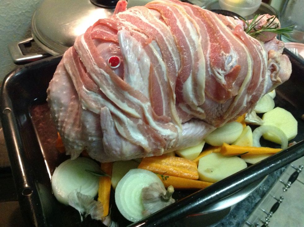 A close up of the thermostat placed in the turkey.