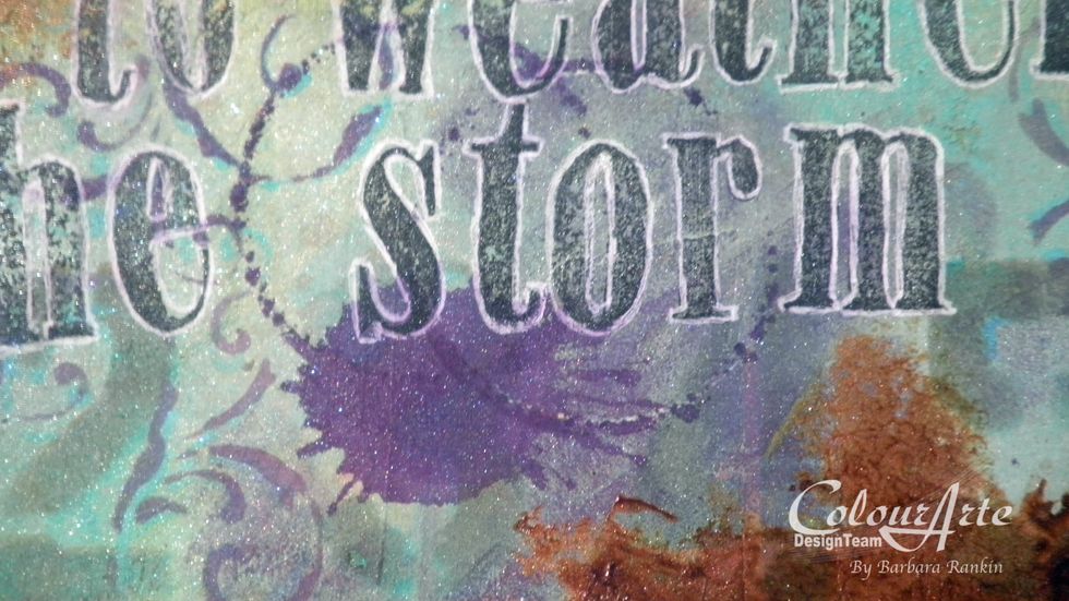 A closeup of the splats made with the dauber tip, as before, and the outline of the alphabet with a white gel pen.