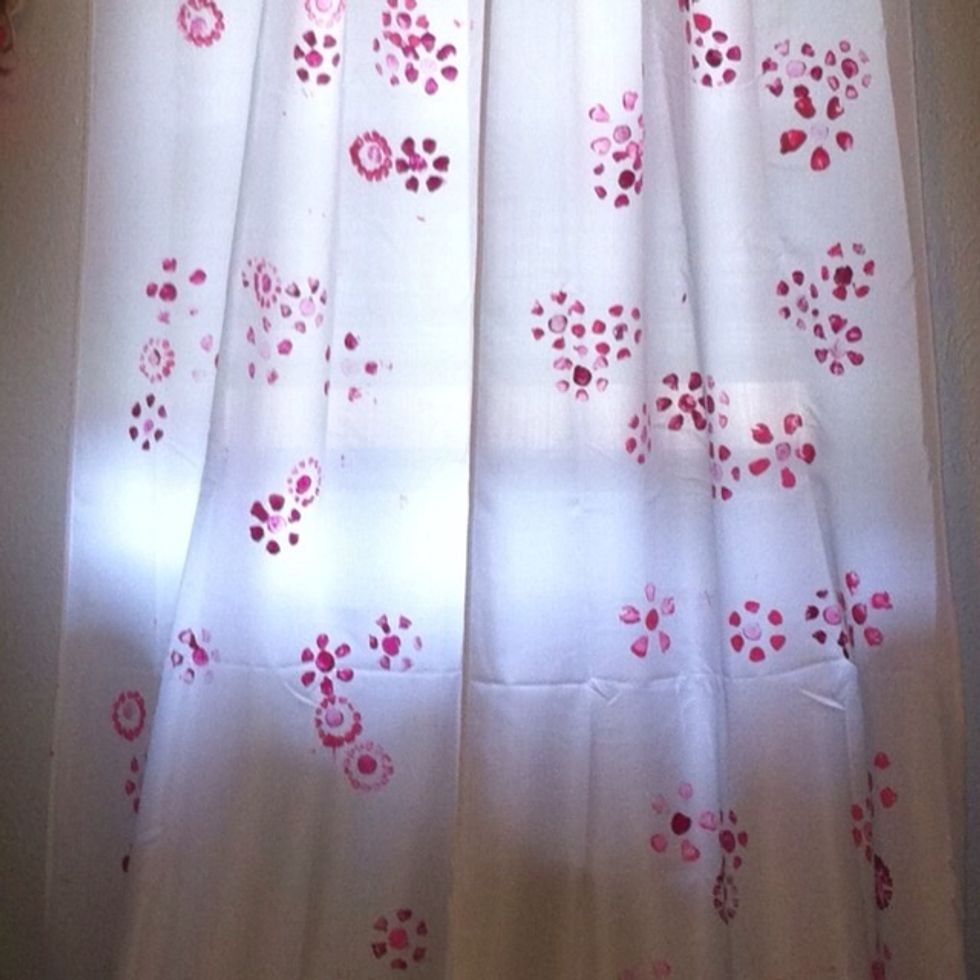 A couple of tips: less is more. I had to remind the stampers that we wanted to see white. Also, as soon as you are finished, hang the wet curtain. It's the perfect place to dry them!