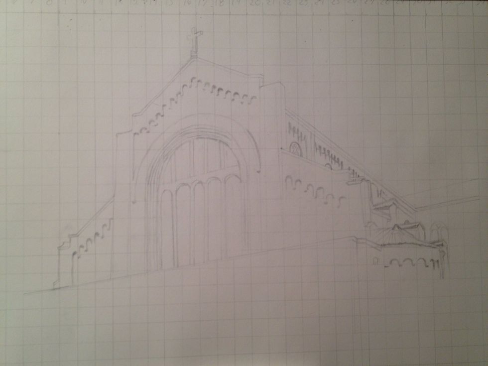 A darker contrast if the left side face of the church being started