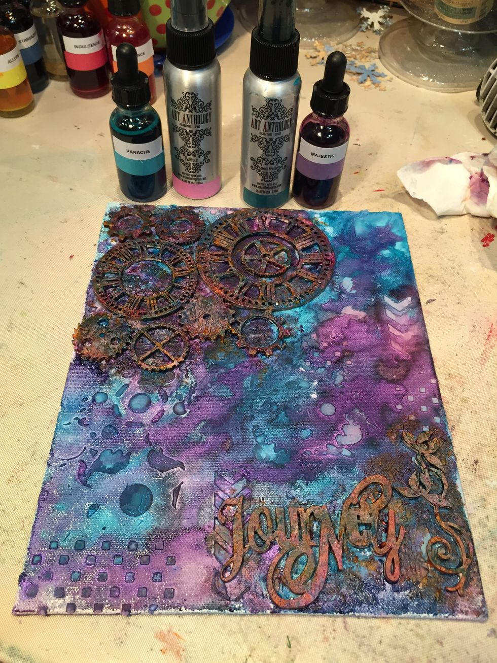 A few of the spots were too light, so I dripped more Panache and Majestic onto the canvas and then sprayed again in spots with Peacock Feathers and Patience.