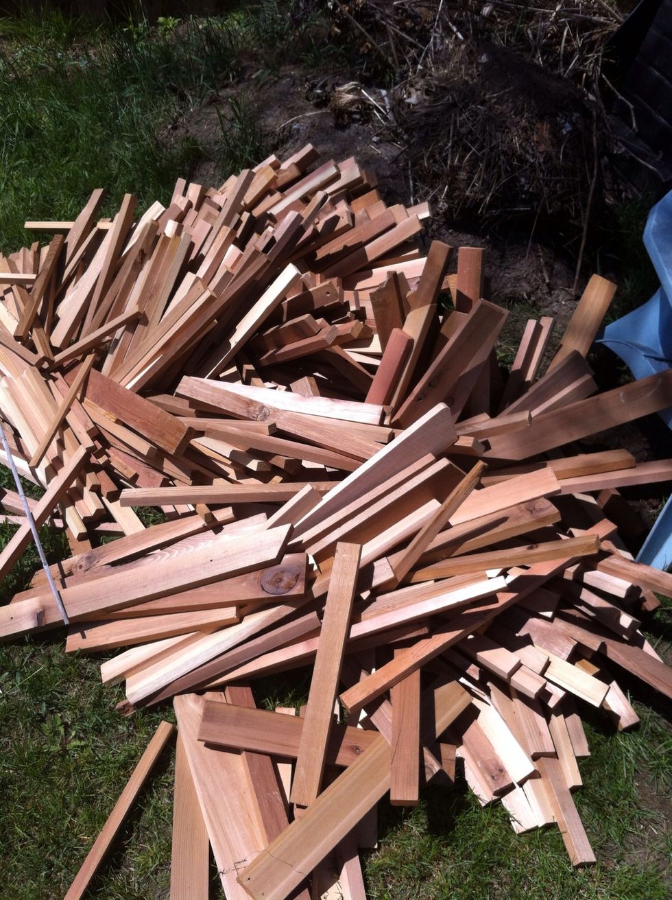 A good friend of mine, hey Bill, gave me lots of these cedar strips. They are unified in thickness, but do vary a little in length and width. You need about 60 pieces.