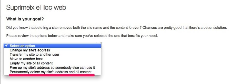 A la nova finestra selecciona, del men\u00fa desplegable, el que vulguis fer amb el teu bloc (hi han diferents opcions) si vols eliminar-lo definitivament escull l'\u00faltima "Permanently delete..."
