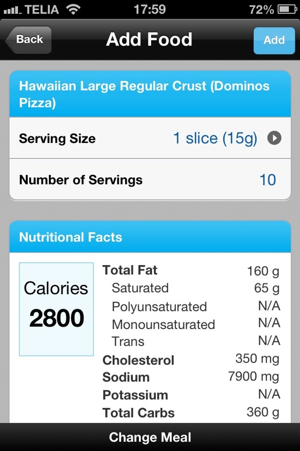 A large dominos pizza has 10 slices, so all the values are 10 times the previous screen. With over the daily limit for men & women in calories, 160g fat & 350mg of cholesterol this is really unhealthy